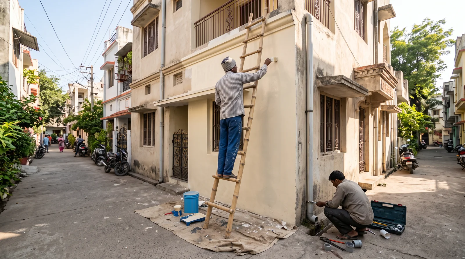A painter on a bamboo ladder repaints the cream wall of a two-storey house while a plumber kneels by a drainpipe in the lane below.
