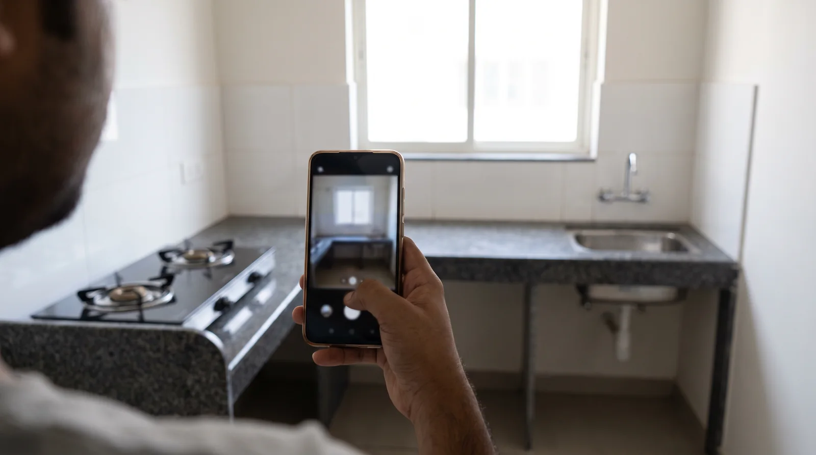 Seen over a man's shoulder, a hand holds up a phone to photograph an empty kitchen with a granite counter, a two-burner gas hob and a steel sink.