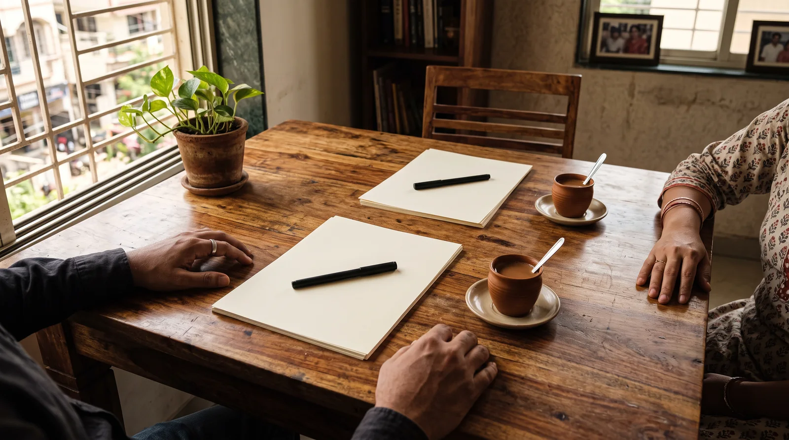 Two stacks of blank cream paper with a black pen on each lie on a worn wooden dining table beside two cups of tea, two people's hands resting at the table's edges.