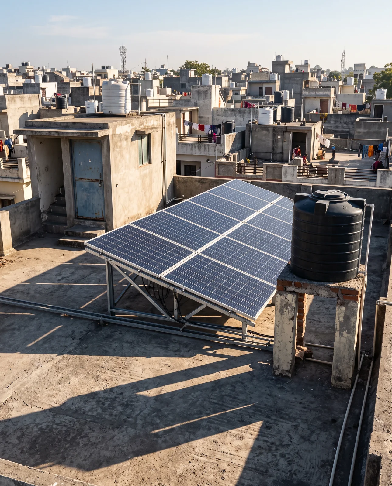 A rooftop solar array on a steel frame beside a black water tank on a brick stand, the tank's long shadow falling across the terrace.
