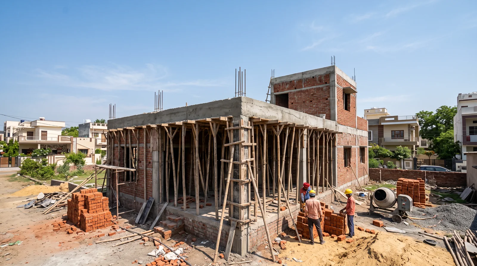 A house under construction with its first roof slab cast and propped on rows of wooden poles, bricks stacked in the foreground and two workers laying brick.