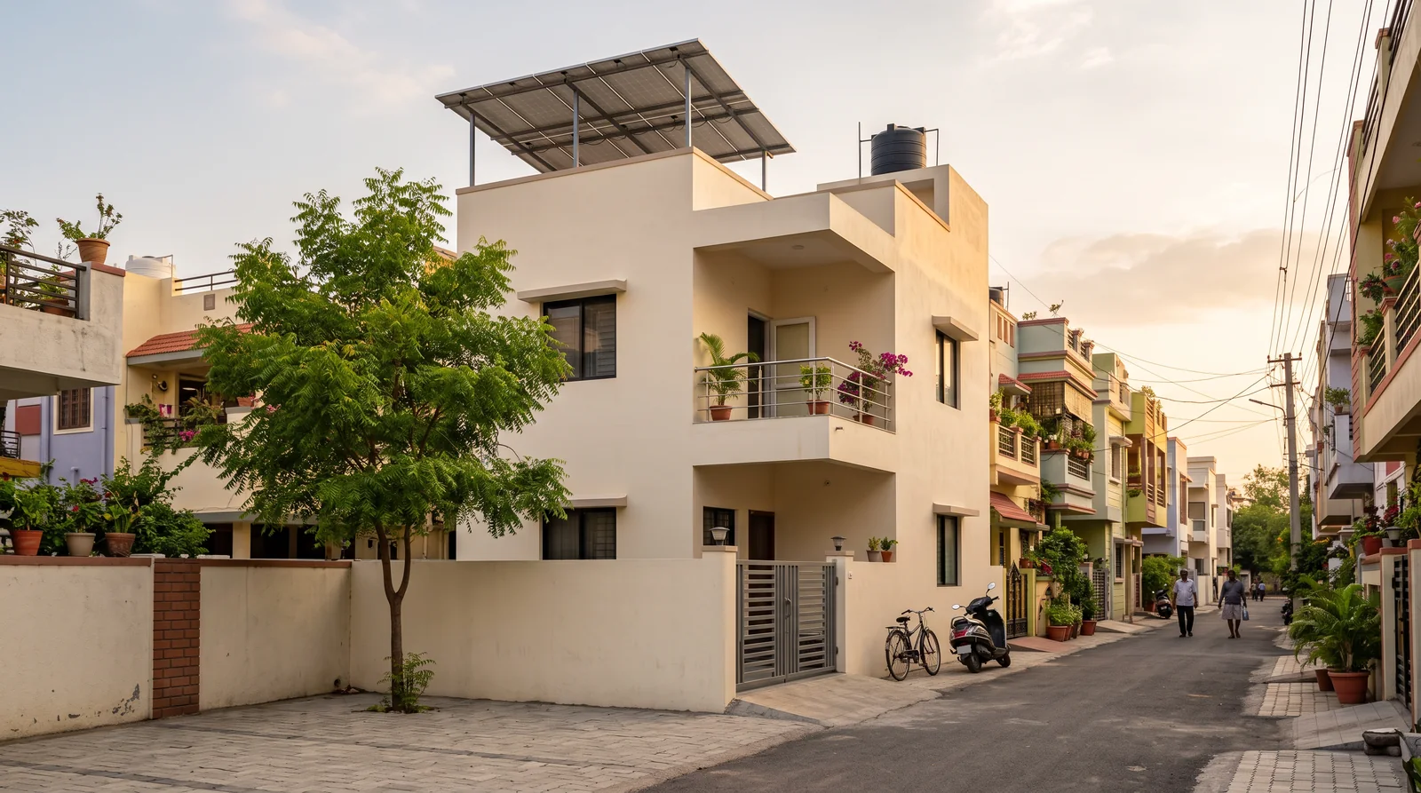 A new cream two-storey house in a residential lane, a solar panel array raised on a steel frame over its roof and a black water tank set to one side.