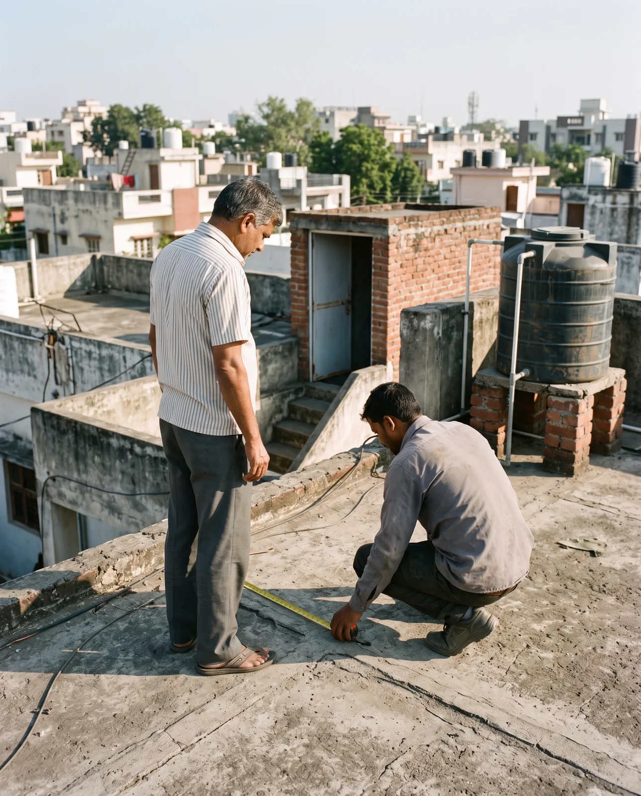 Two men on a flat concrete roof, one standing and one crouching with a measuring tape, a stair room and a water tank behind them.