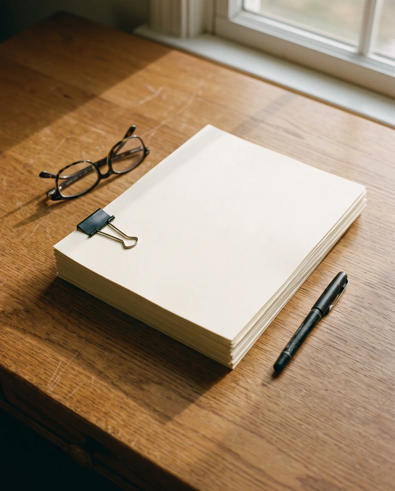 A thick stack of cream paper held by a black binder clip lies on a wooden desk by a window, with reading glasses and a black pen beside it.