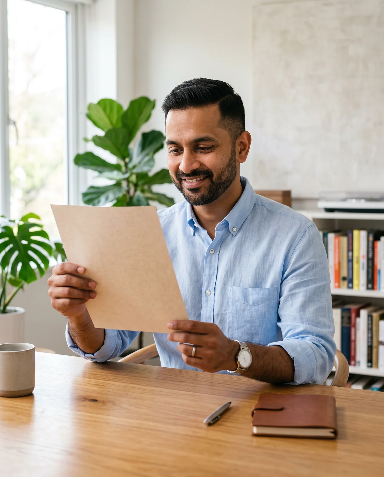 A man in a light blue shirt sits at a wooden table in a sunlit room and reads a single sheet of paper, a pen and a leather notebook beside him.