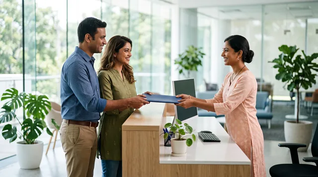 A smiling couple hands a blue folder across a light wooden counter to a smiling clerk in a bright office with glass walls and potted plants.