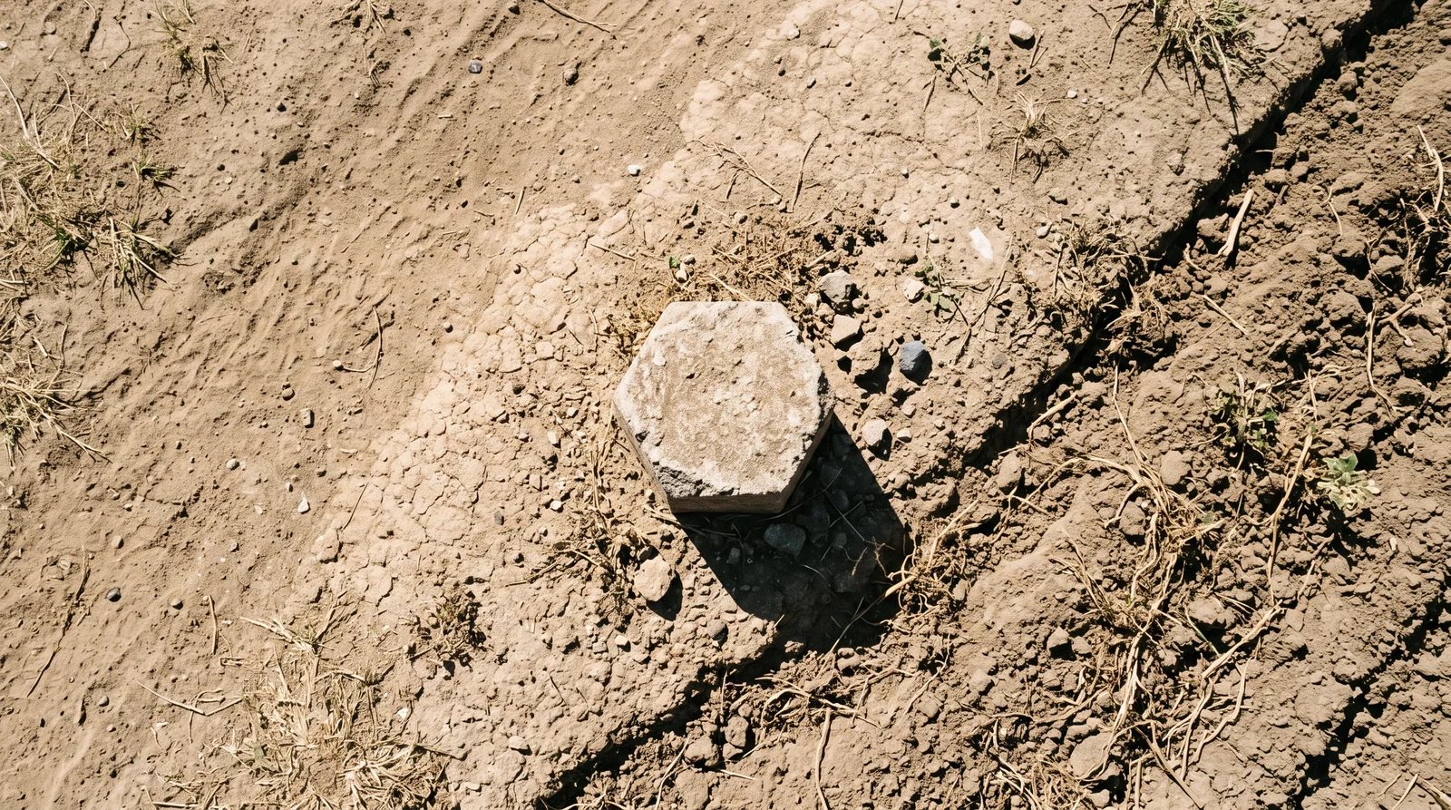 A small six-sided concrete marker stone set into dry, cracked earth with tufts of dead grass around it.