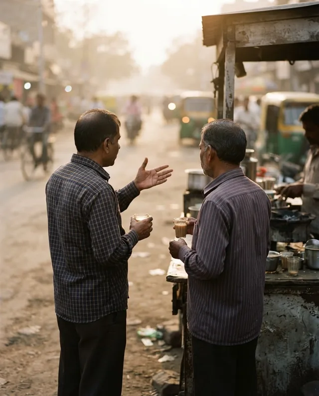 Two men in checked shirts stand talking over glasses of tea at a roadside stall in the early morning haze, one of them gesturing with an open hand.