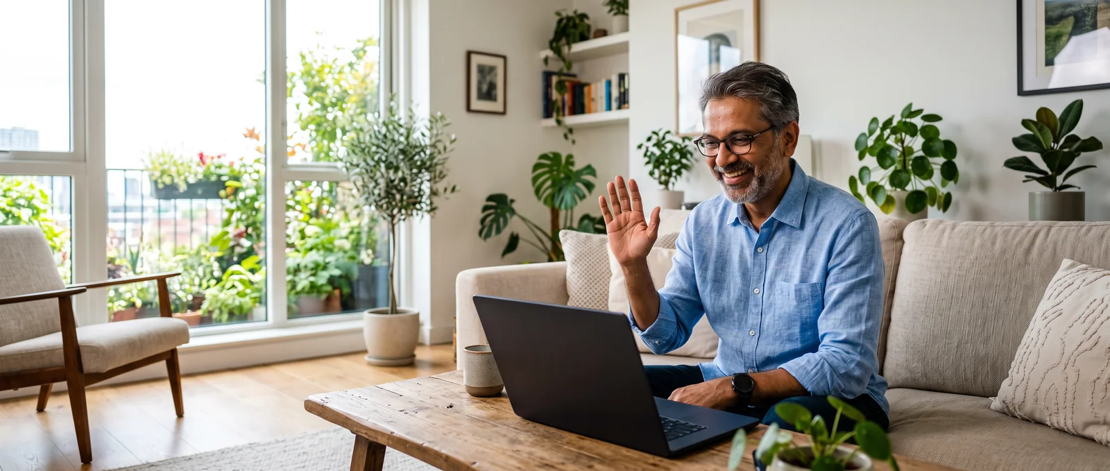 A smiling man in glasses waves at a laptop on a video call from a bright living room full of plants.