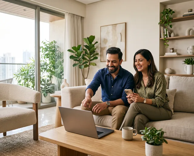 A smiling couple on a beige sofa work out a payment together, the man pointing at a laptop on the coffee table and the woman holding a phone.