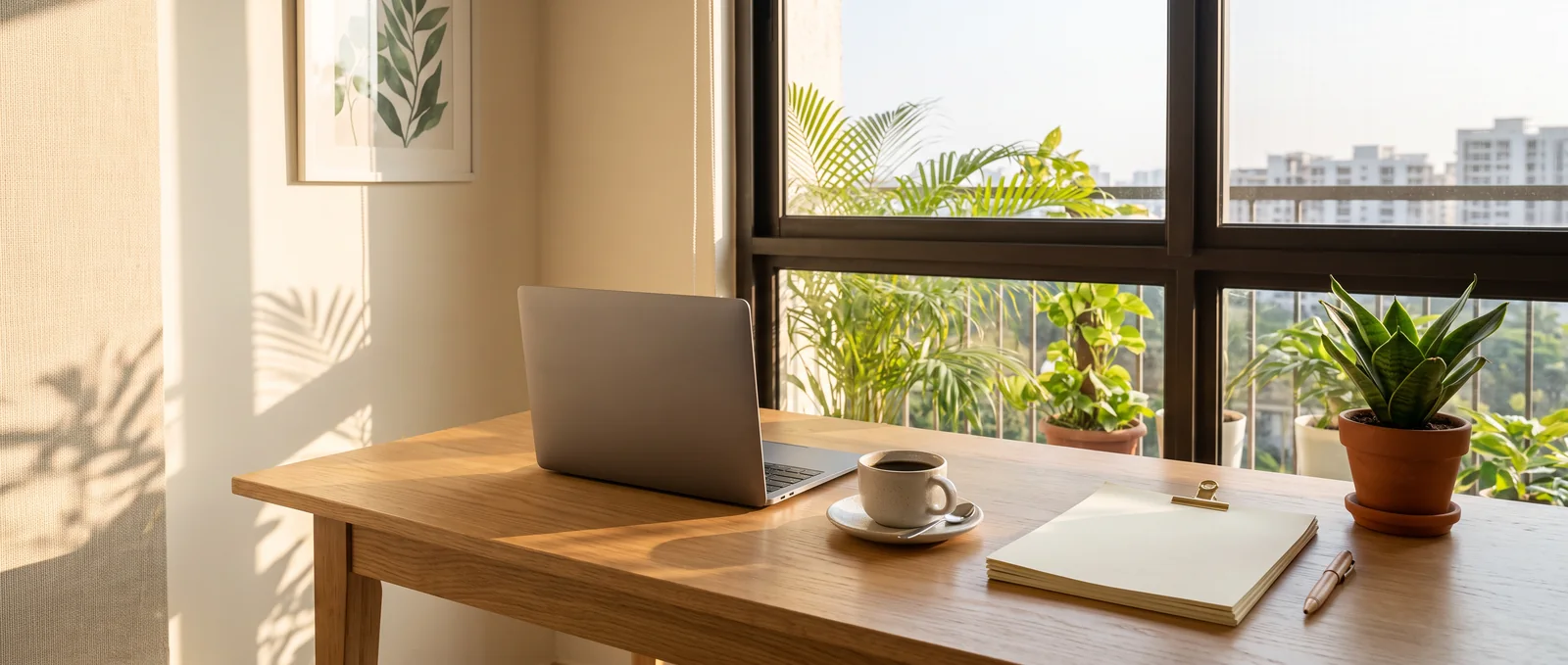 An orderly wooden desk by a sunlit window holds an open laptop, a cup of coffee, a clipped notepad and a pen.