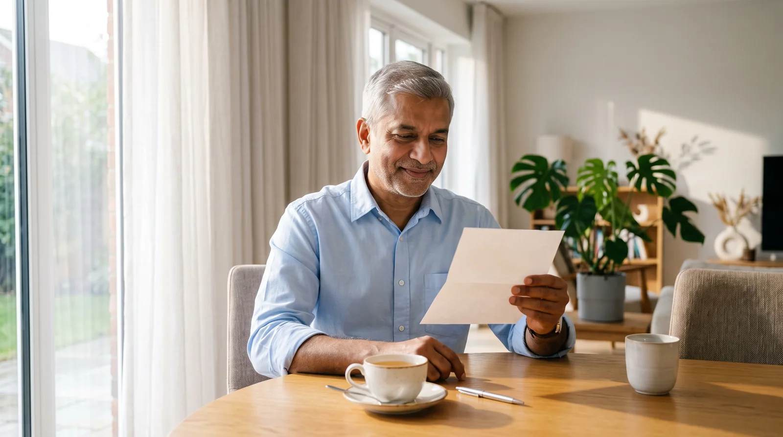 A grey-haired man in a light blue shirt reads a letter at a round wooden table with a cup of tea beside him.