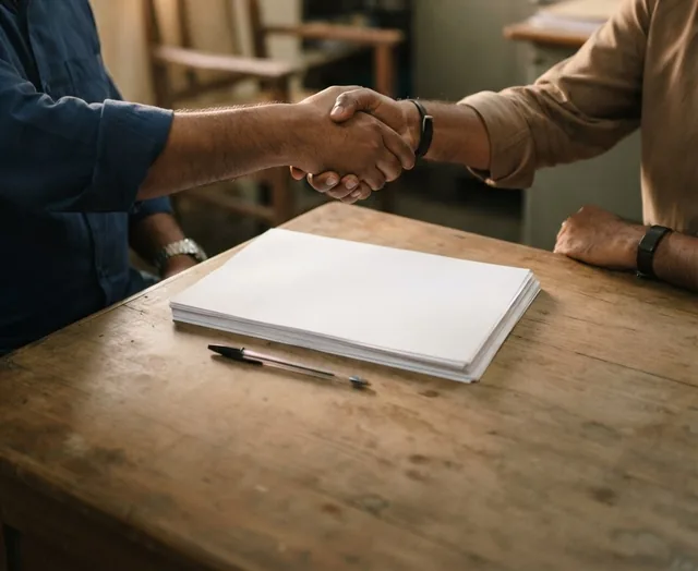 Two men shake hands across a wooden table with a stack of blank papers and a pen lying between them.