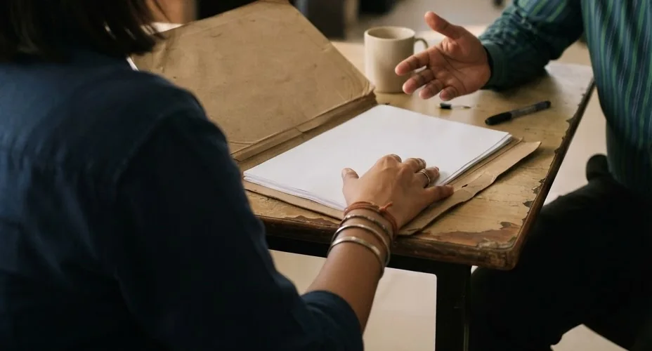 Two people sit across a small table, one resting a hand on a folder of papers while the other gestures as they talk.