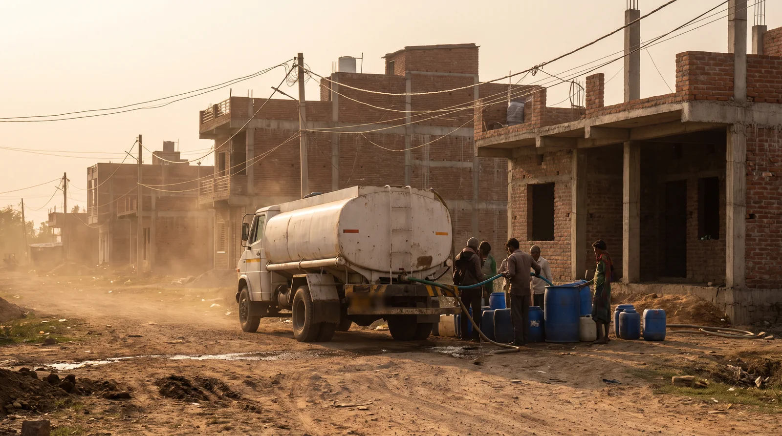 Residents fill blue plastic drums from a white water tanker parked on a dusty lane between unfinished brick houses at dusk.