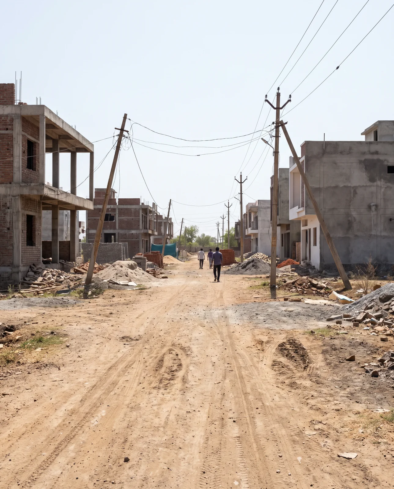 A rutted earth street runs between half-built brick and concrete houses, leaning electricity poles and loose wires on both sides, three men walking in the distance.