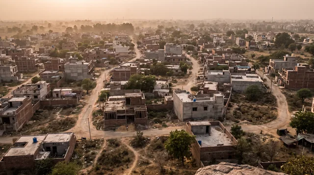 A hazy aerial view of a sprawling colony of half-finished concrete houses, unpaved winding lanes and scrubby empty plots on the edge of a city.