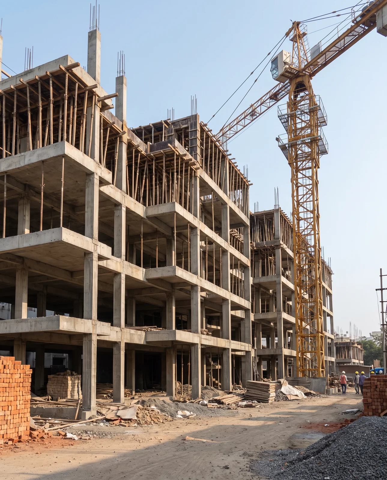 The bare concrete frame of a multi-storey building propped with timber shuttering, a yellow tower crane beside it and stacks of red bricks on the dusty ground.