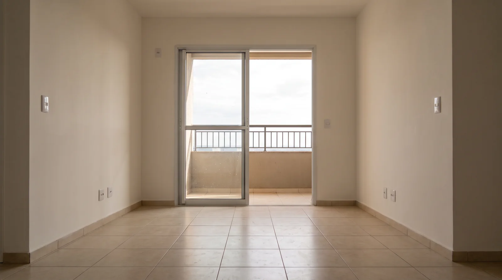 An empty finished living room with beige floor tiles and cream walls, a sliding glass door opening onto a balcony with a railing and an open view.
