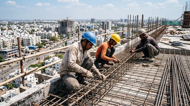 Three workers in hard hats tie steel reinforcement bars on an upper-floor slab of a building under construction, the city spread out below them.