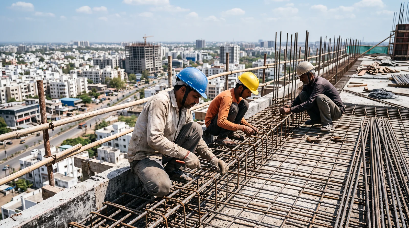 Three workers in hard hats tie steel reinforcement bars on an upper-floor slab of a building under construction, the city spread out below them.
