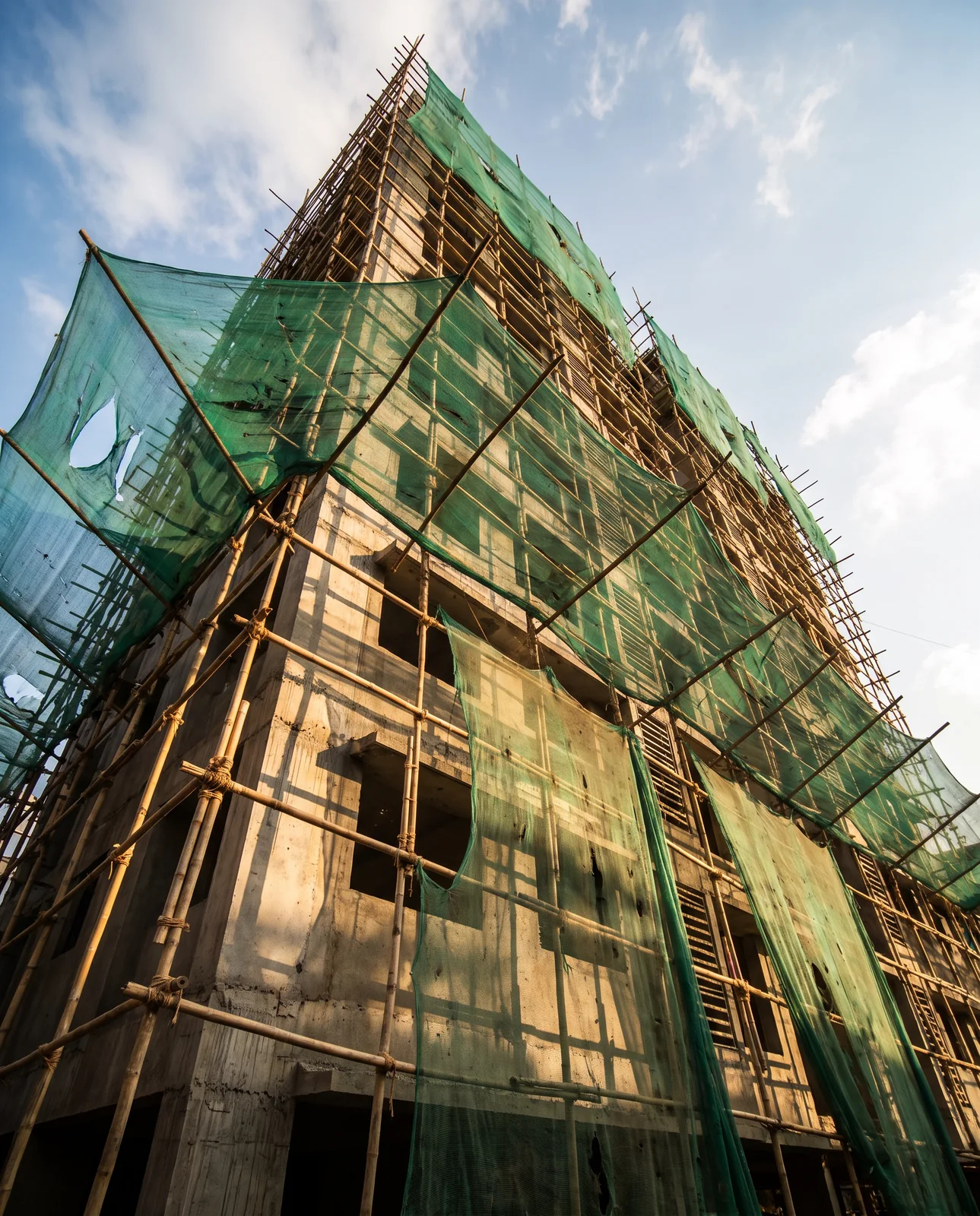 A tall building wrapped in bamboo scaffolding and torn green safety netting, seen from the ground against a blue sky.