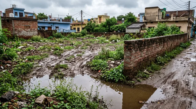Rainwater pools in the low corner of an overgrown, walled plot after a shower, with tyre ruts in the mud and painted houses under a grey sky behind.