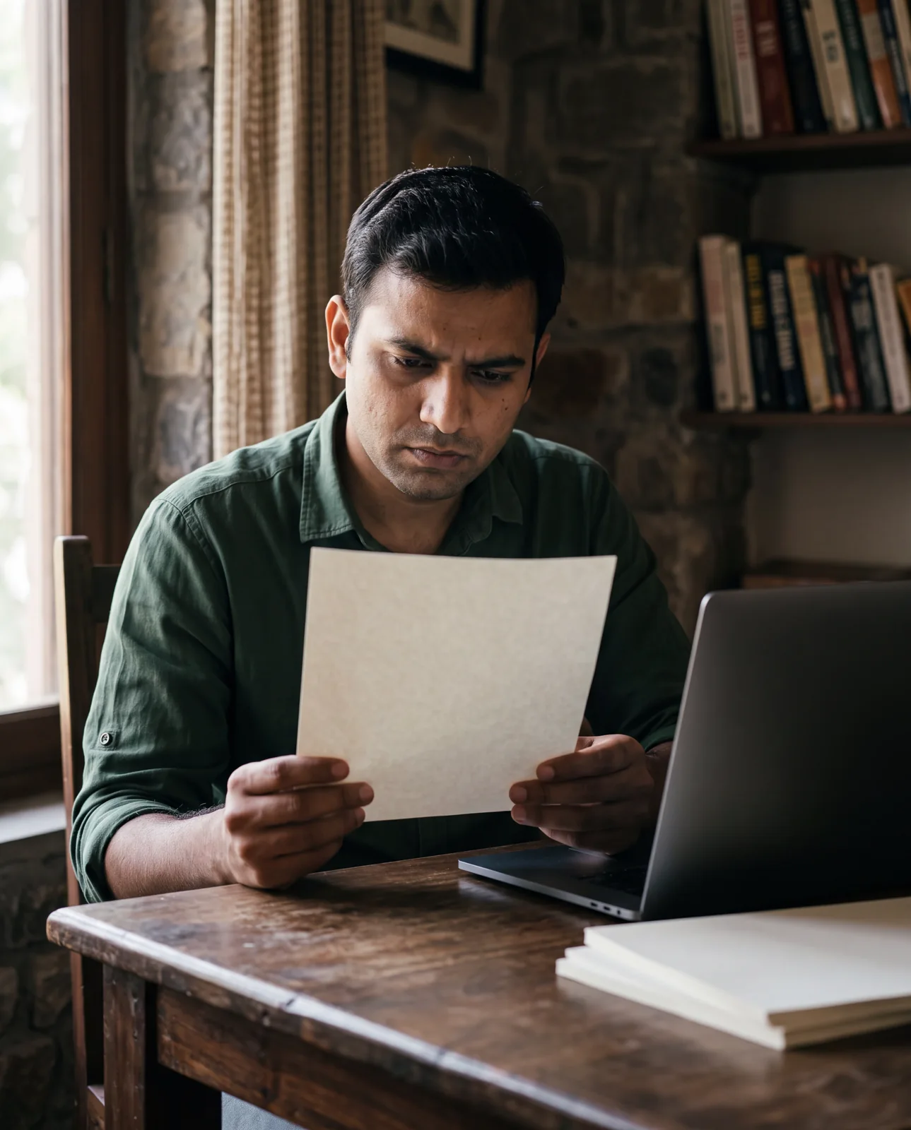 A man in a green shirt sits at a wooden desk by a window, frowning at a single sheet of paper held in both hands beside an open laptop.