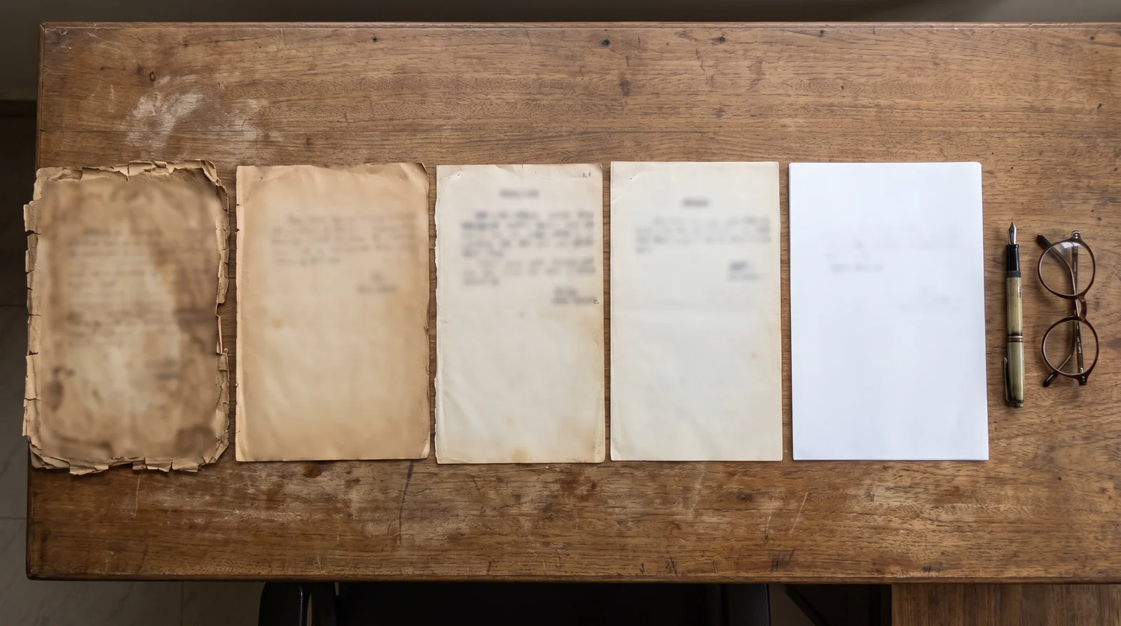 Five sheets of paper laid in a row on a wooden table, from a torn and yellowed page on the left to a crisp white one on the right, with a fountain pen and spectacles beside them.