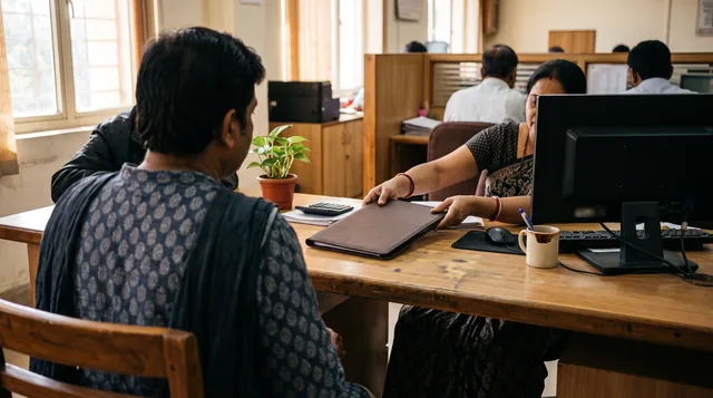 A loan officer in a sari hands a brown leather folder across a wooden desk to a customer seen from behind, in a busy bank office.