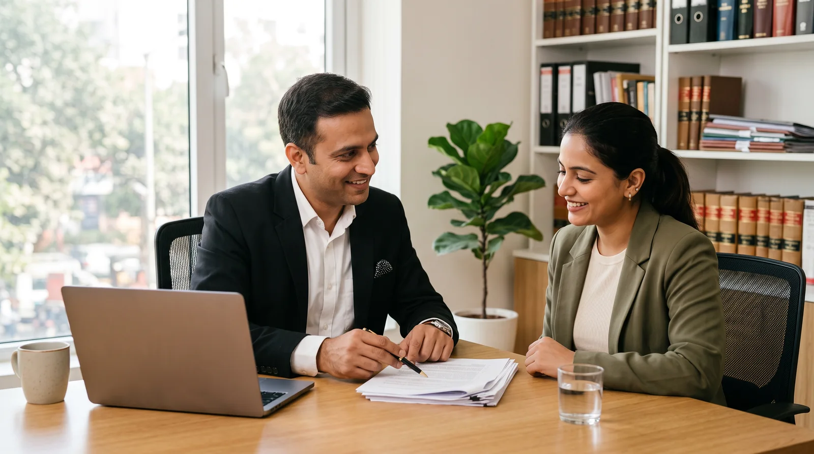 A man in a dark jacket points with a pen at a stack of papers while a woman in an olive blazer listens, at a desk in a lawyer's office lined with law books.