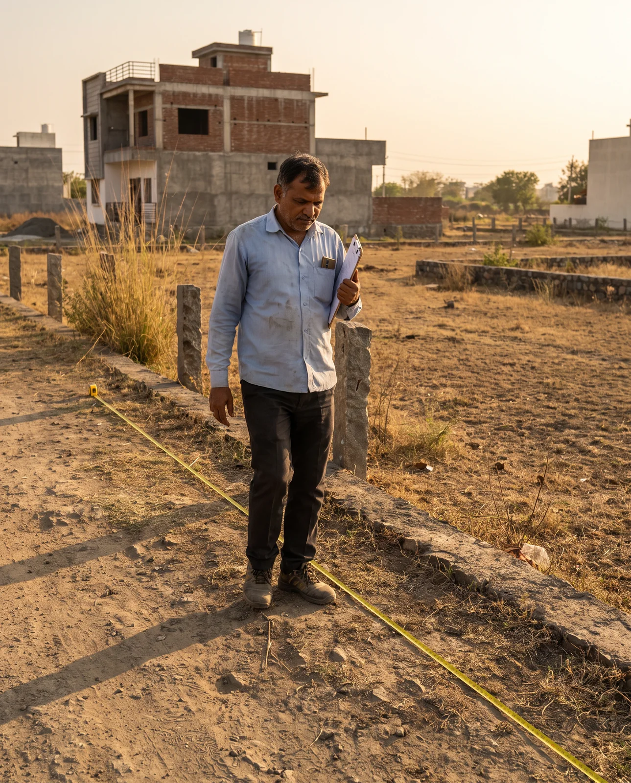 A man in a blue shirt holding a clipboard walks beside a yellow measuring tape laid along the stone edge of a dry plot, a half-built brick house behind him.