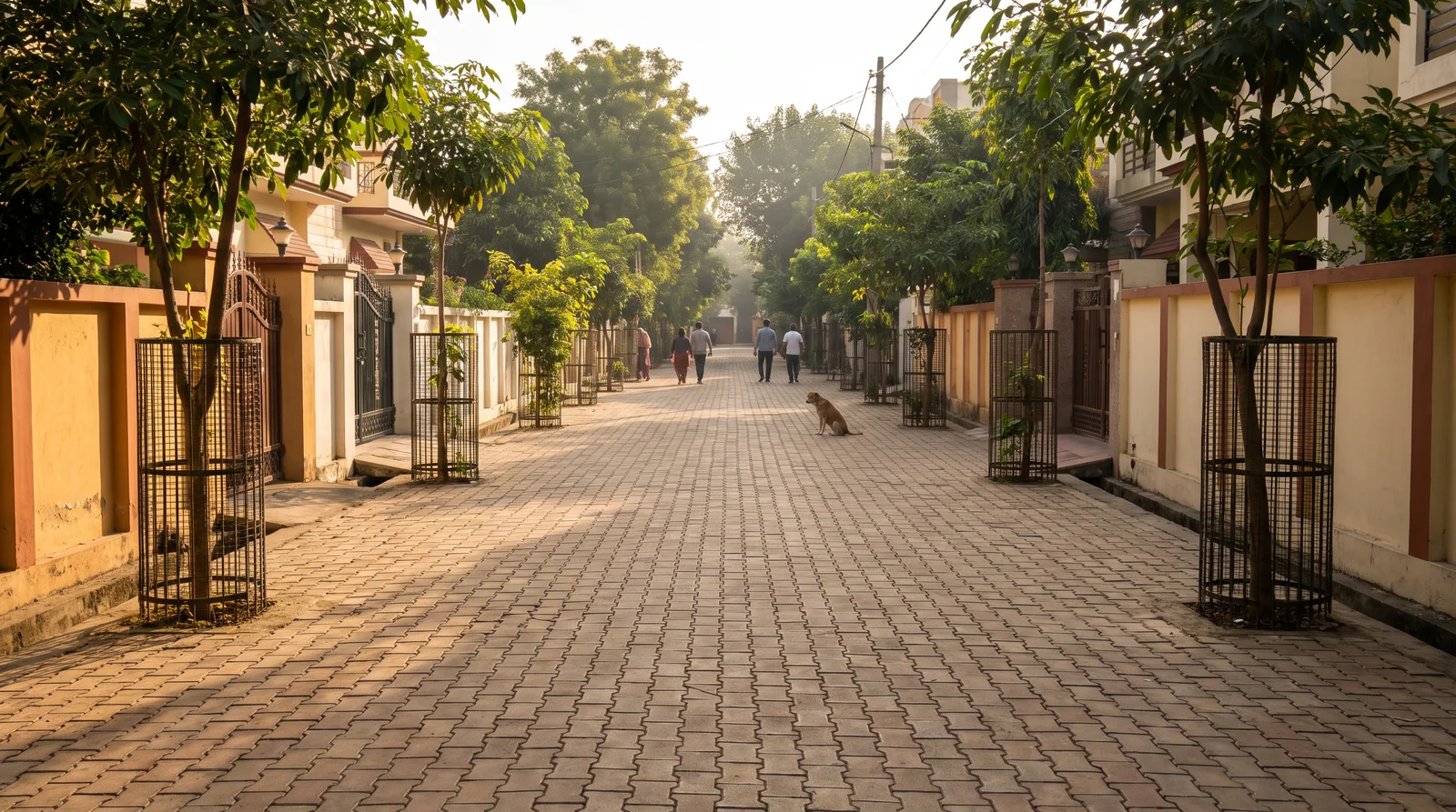 A clean paved street of interlocking tiles runs between cream boundary walls and caged young trees, a few people walking and a dog sitting in the morning sun.