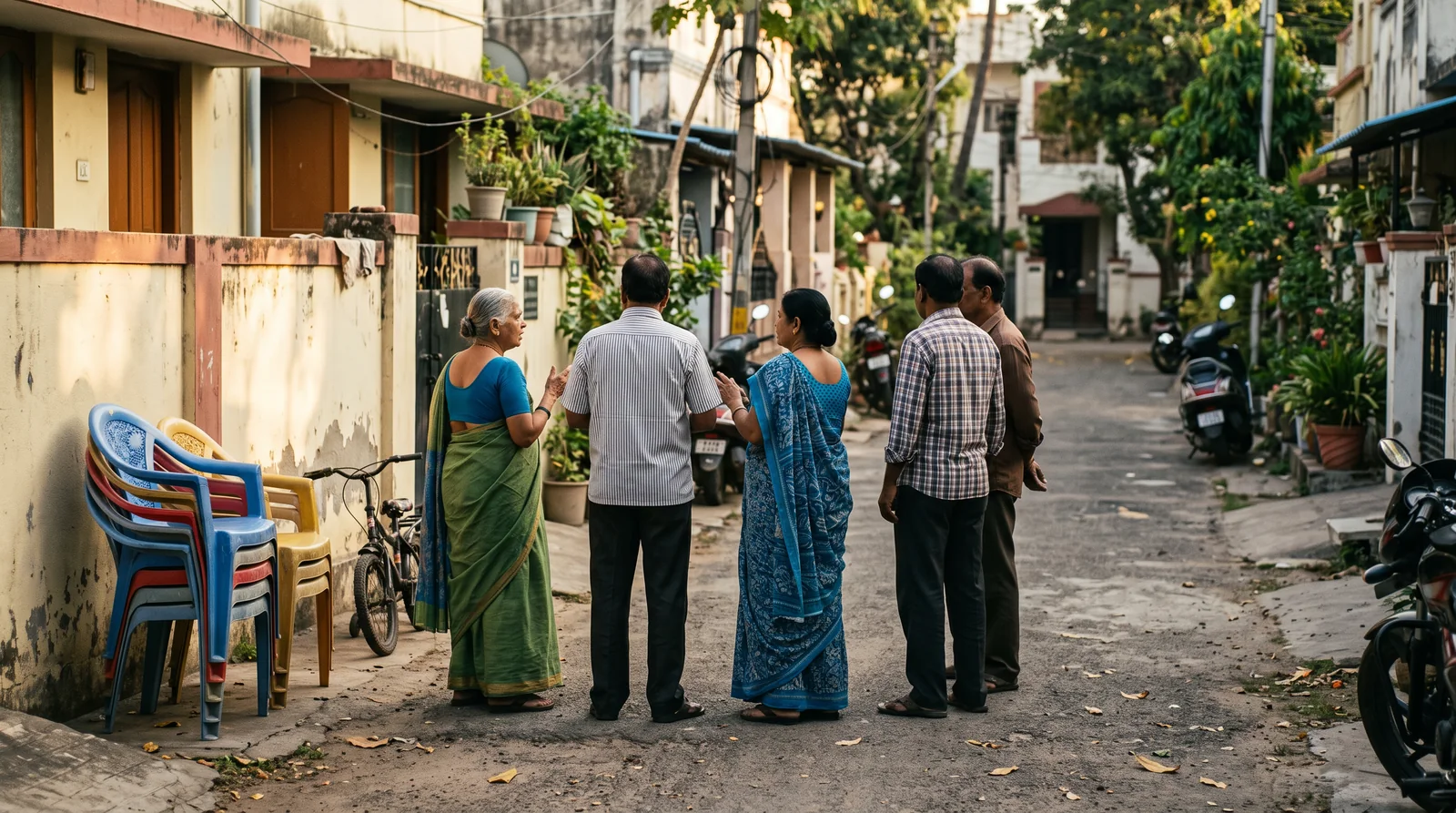 Five neighbours stand talking in a quiet residential lane beside a stack of plastic chairs and parked scooters, seen from behind.