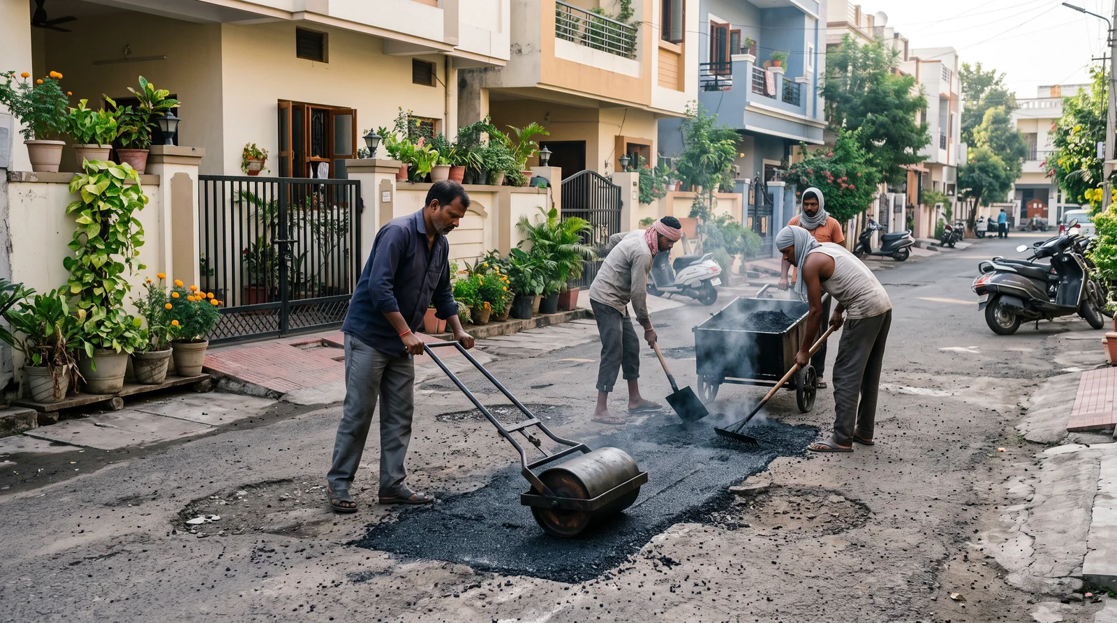 Three workers patch a pothole on a residential street with fresh asphalt and a hand roller, a cart of hot tar steaming beside them and houses with potted plants behind.