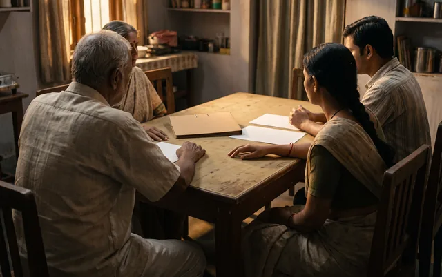 Four members of a family sit around a wooden kitchen table with a folder and loose papers between them, nobody writing yet.