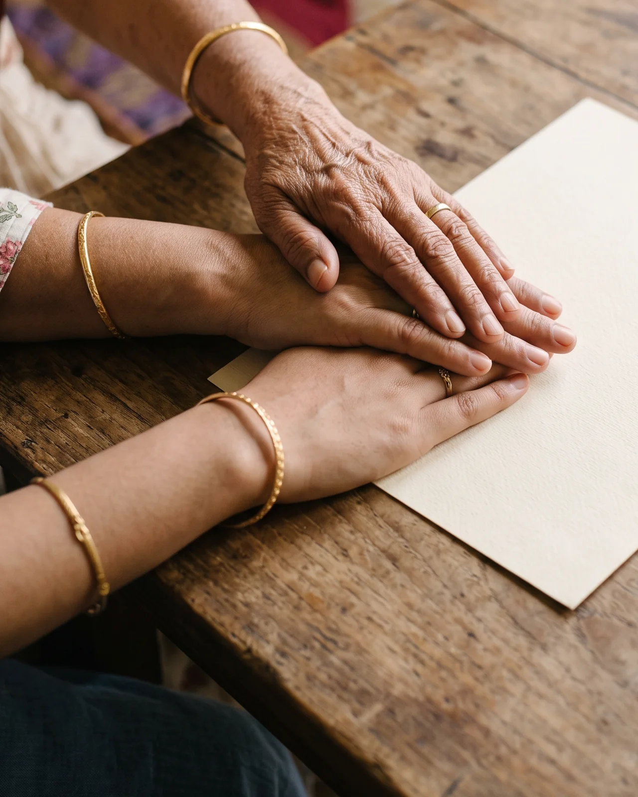 Three hands of different ages, each wearing a gold bangle, rest one on another over a blank sheet on a wooden table.