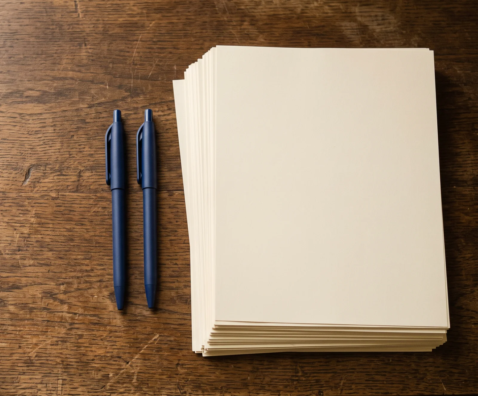 Two blue ballpoint pens lie beside a stack of blank cream paper on a scratched wooden table.